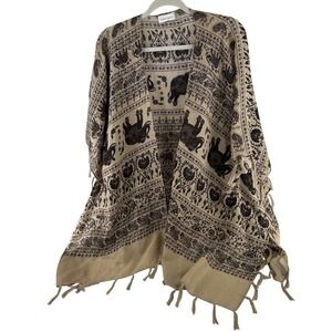 Vickie Lynn's Boho Elephant Print Kimono Shawl Fringe Beige Black Lightweight